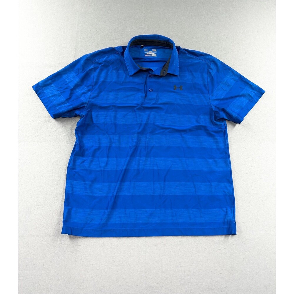 Under Armour Heat Gear Loose Men’s Large Blue Striped Logo Golf Polo Shirt